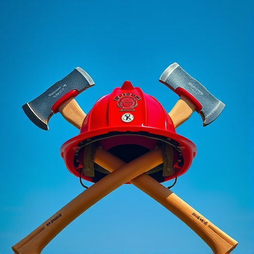 Create a vibrant, high-resolution image of a red firefighter's helmet crossed with two axes in a clear blue sky background, using a DSLR camera with a 50mm f/1.8 lens, aperture set to f/2.8, ISO 100, and shot in natural light for enhanced clarity and sharpness.