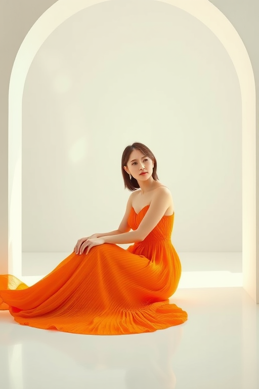 Regenerate the image of a model in a flowing orange pleated dress sitting gracefully in a smooth white archway with soft natural light, using a DSLR camera, 50mm lens, f/1.8 aperture, ISO 100, and a shallow depth of field for a dreamy effect.