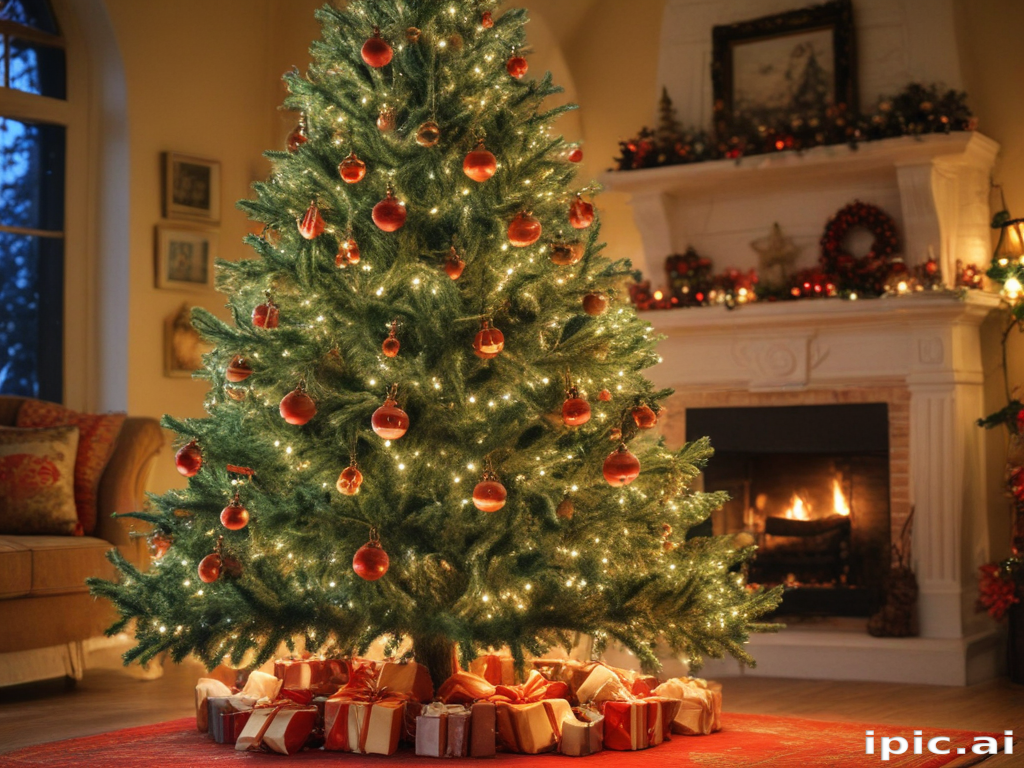Cozy Living Room with a Beautifully Decorated Christmas Tree and Gifts
