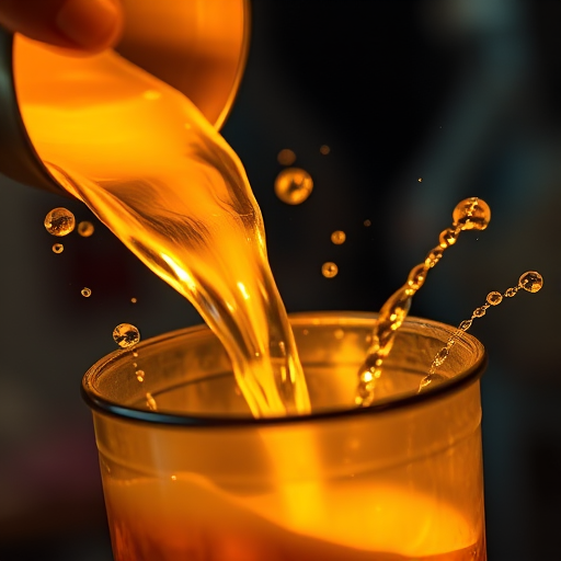 Pouring molten gold into a container, featuring dramatic lighting and splashes, macro shot, f/2.8 aperture, 1/60 sec shutter speed, ISO 100, DSLR camera, focused on texture and reflections.