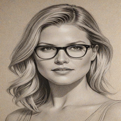 Delightful Ali Larter, pencil sketch, portrait of Enchanting woman 1933s in glasses, hair style beatnik, outline, clear lines, fine lines, 8k