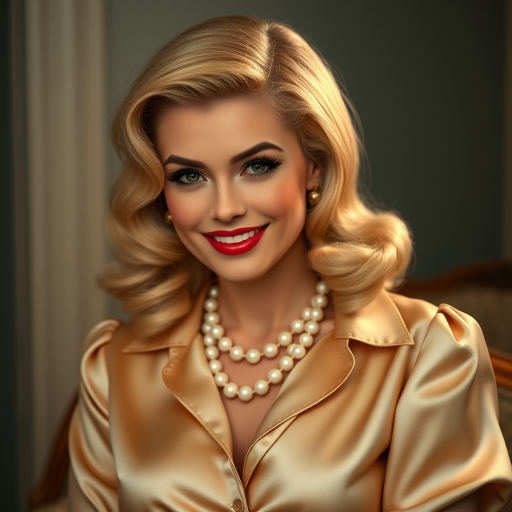 A beautiful woman reminiscent of 1950s Hollywood glamour, with perfectly styled blonde hair and a seductive smile, dressed in a satin blouse and adorned with pearls, soft and warm tones, photorealistic, 8K