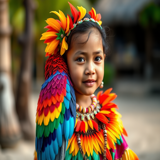 A beautiful Samoan girl, wearing colorful bird clothing with vibrant colors