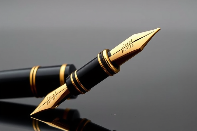 create an image of a classic fountain pen with a black body and gold accents, angled to show the nib prominently