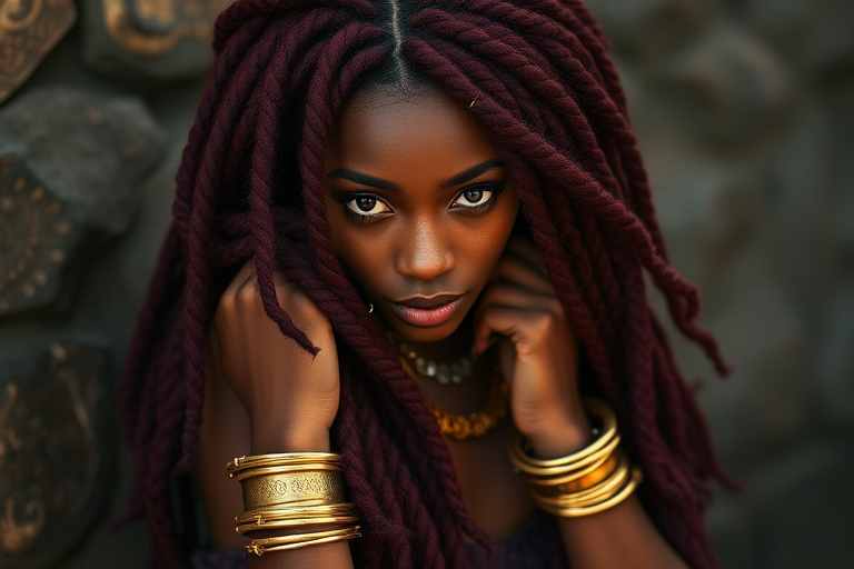 Sultry burgundy mermaid locs titled Wine Waves combining the texture of dreadlocks with loose cascading waves adorned with golden cuffs and rings for a luxurious bohemian aesthetic