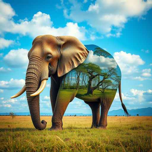 Create an image of a majestic elephant with a landscape of trees and clouds integrated into its body, captured in vibrant colors using a Canon EOS R5 with a 50mm f/1.2 lens, aperture set to f/8, ISO 100, and a wide-angle view to enhance depth, shot in natural light for a surreal effect.