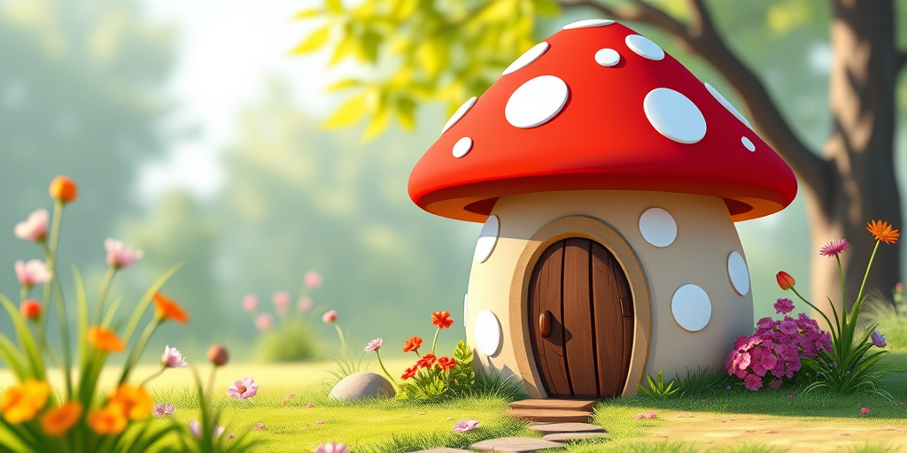 Generate a high-resolution cartoon-style image of a whimsical red mushroom house with white spots, featuring a brown door, captured with a DSLR camera at f/2.8 aperture, ISO 100, 50mm lens, in a vibrant and colorful outdoor setting under soft natural light.