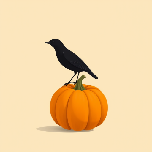 Create a minimalist illustration of a black bird perched on a bright orange pumpkin against a soft beige background, capturing the essence of autumn with a focus on clean lines and vibrant colors, using a DSLR camera, 50mm lens, f/2.8 aperture, ISO 100, shot from a top-down view, in high resolution for crisp detail.