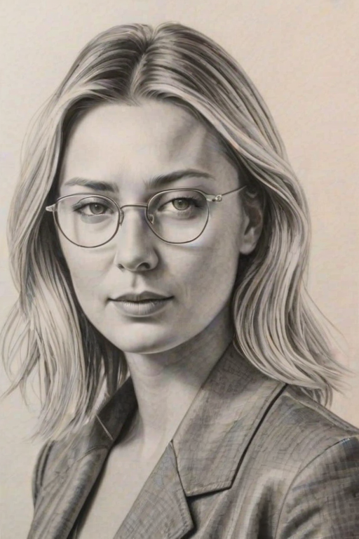 Resplendent Maria Sharapova, pencil sketch, portrait of Pleasing woman 1946s in glasses, hair style beatnik, outline, clear lines, fine lines, 8k