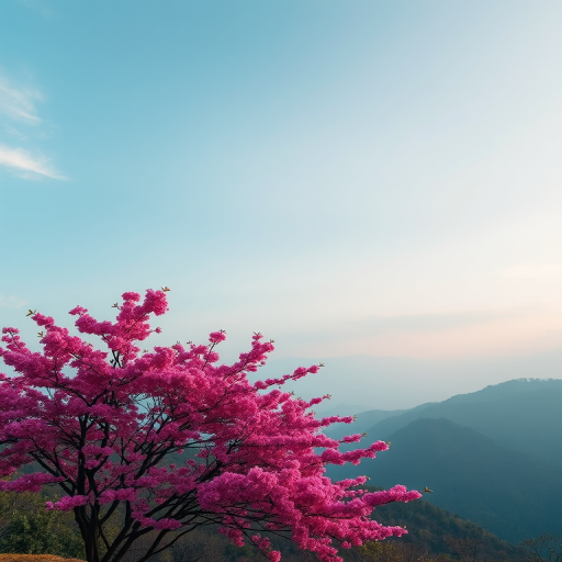 Regenerate the image of a serene landscape featuring a vibrant pink blossom tree in the foreground, with misty mountains in the background and soft clouds in the sky, captured using a DSLR camera at f/8 aperture, ISO 100, 24mm lens, with a wide-angle perspective and soft lighting for enhanced image quality.