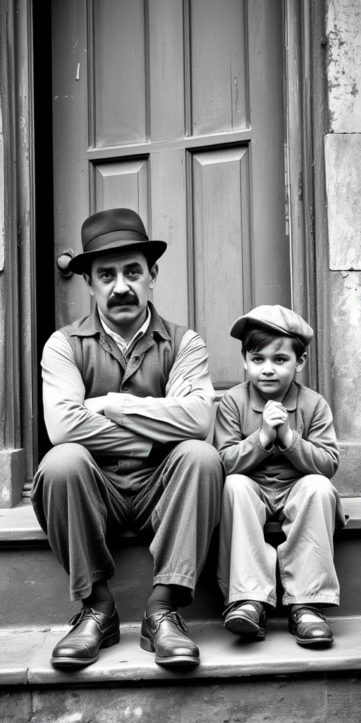 A black-and-white photograph of a man and a child sitting on steps in front of a doorway. The man is dressed as a tramp with a bowler hat, mustache, and ragged clothes, reminiscent of Charlie Chaplin's iconic look. He is sitting with his arms crossed and an expression of slight sadness or frustration. Next to him is a young boy, also in worn clothes and a cap, sitting with his hands clasped, looking thoughtful. The background is an old, textured wall and a partially open door, creating a vintage, early 20th-century atmosphere.