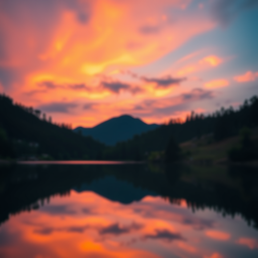 Generate a high-resolution image of a sunset over a serene lake reflecting vibrant colors in the sky, taken with a DSLR camera at f/8, ISO 100, and a shutter speed of 1/200 sec, in a wide-angle view with a soft focus effect.
