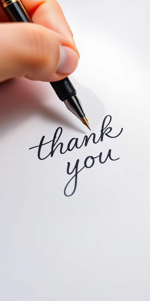 Create a close-up of a hand holding a fountain pen, writing "thank you" in elegant cursive on a smooth white paper background, with a Canon EOS R5 camera, 50mm lens, f/2.8 aperture, 1/500 shutter speed, and ISO 100, with a natural light source to enhance shadows and highlights.
