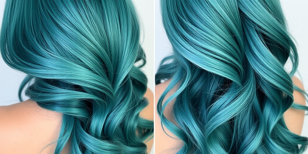 Mermaid-esque hair style revealing long teal ombre waves styled in a side-swept manner with pearlescent accents