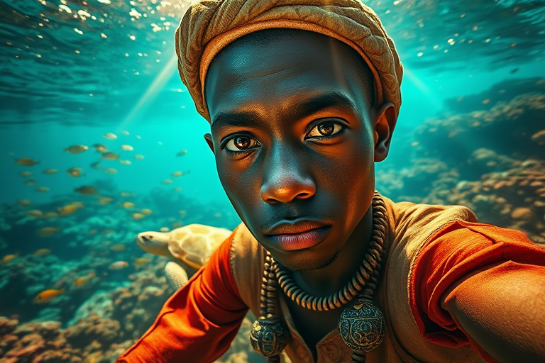 Realistic selfie image of a Zulu, wearing a vintage outfit, detailed dreamy eyes, droopy hooded eyes, staring at the camera, taken underwater at coral reef with a sunbeam filtering through the water, vibrant, summer vacation, natural lighting, turtle and school of tropical fish with vibrant colors, rendered in the style of CryEngine, Pegi Nicol MacLeod, with realistic genre scenes, hauntingly beautiful narratives, ultra-realism, and Thomas Saliot's close-up technique, 8K resolution, crystal clear and sparkling water.