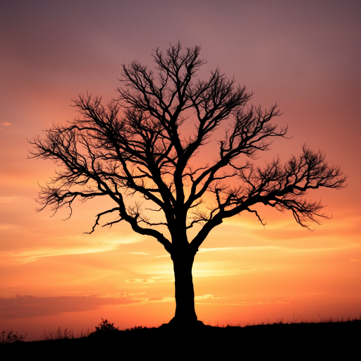 Create a high-resolution image of a silhouetted tree against a sunset sky, using a DSLR camera, with a focal length of 50mm, aperture set to f/2.8, ISO 200, and a slight HDR effect to enhance colors and details.