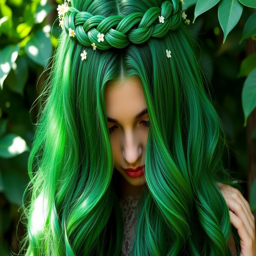Lush emerald green hair cascades down in glossy, mermaid-like waves, creating the enchanting "Forest Nymph" style. Subtle lighter green highlights mimic dappled sunlight filtering through leaves, while small, delicate flowers are woven throughout the hair. A waterfall braid crowns the head, adding an ethereal touch to this nature-inspired look.