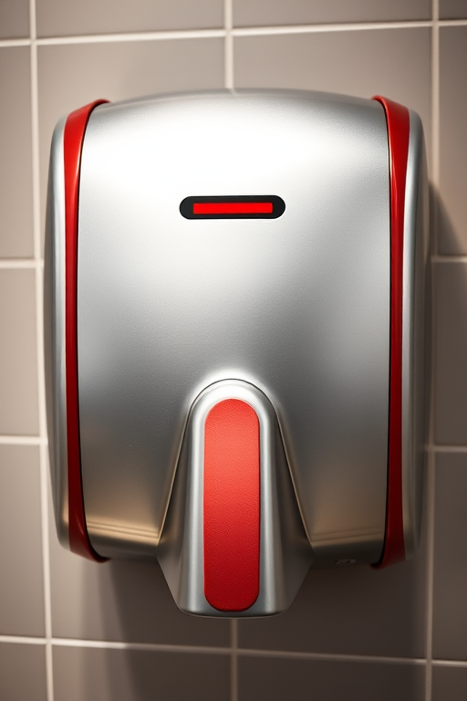 Generate a high-resolution image of a modern hand dryer with a sleek red and silver design, using a DSLR camera at ISO 100, aperture f/5.6, shutter speed 1/125s, with a wide-angle lens for a clear and vivid perspective.