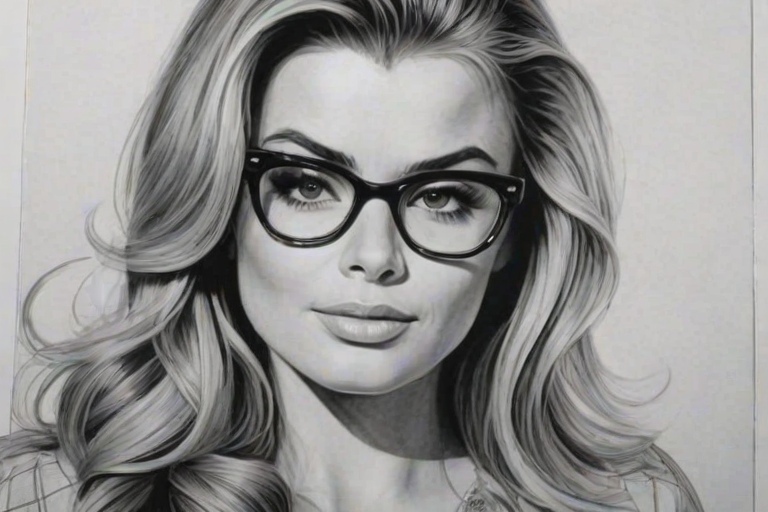 Wonderful Carmen Electra, pencil sketch, portrait of Delightful woman 1956s in glasses, hair style beatnik, outline, clear lines, fine lines, 8k