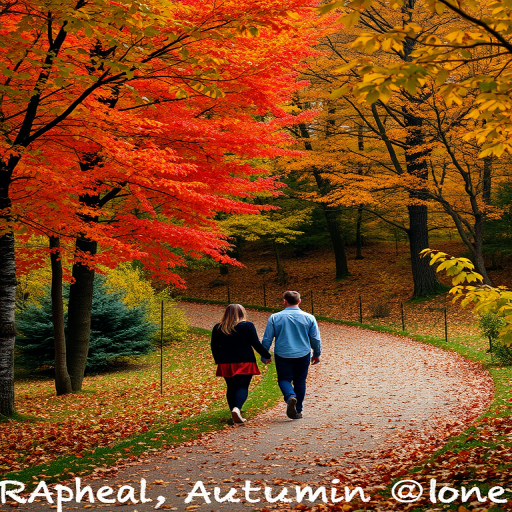 Scenic autumn landscape, with trees displaying vibrant fall colors, a couple walking hand in hand along a winding path covered in leaves, creating a cozy and romantic atmosphere.