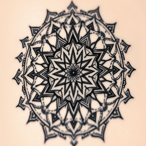 Intricate blackwork tattoo depicting a geometric mandala with intricate dotwork shading and symmetrical patterns, incorporating sacred geometry elements, called "Cosmic Symmetry"