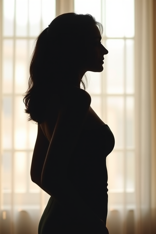 Create a silhouette of a woman standing in profile, captured in soft focus with a Canon EOS 5D Mark IV, 50mm lens, f/1.8 aperture, 1/200 sec shutter speed, natural light from a window, emphasizing graceful lines and shadows.