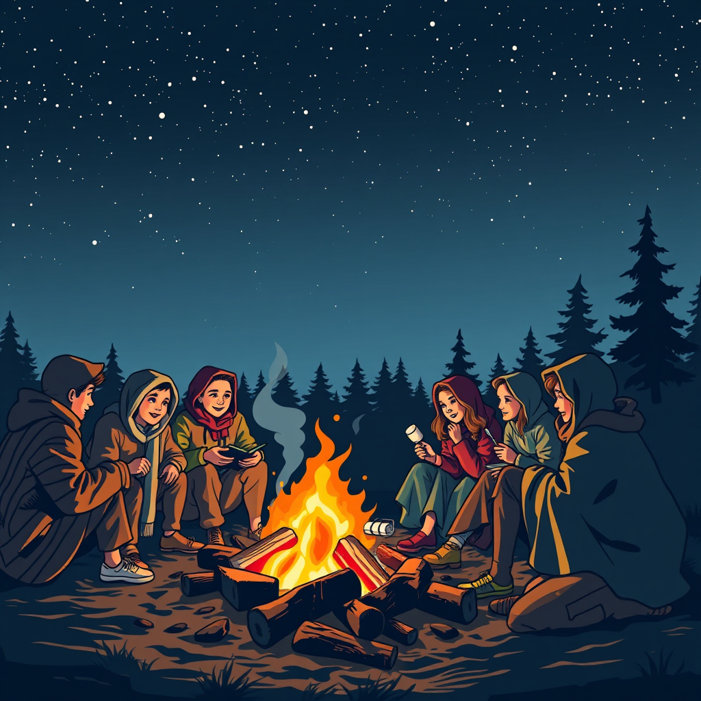 Group of friends gathered around a campfire under a starlit sky, roasting marshmallows, sharing stories, and wrapped in cozy blankets, with trees silhouetted against the glowing embers.