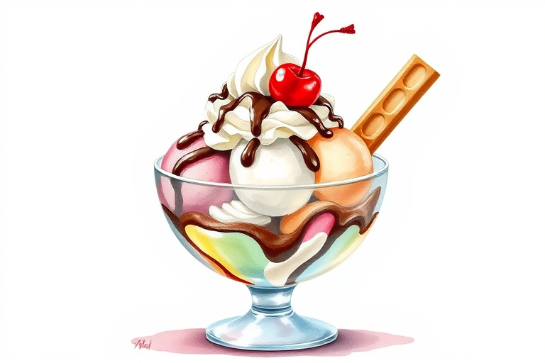Create a highly detailed watercolor illustration of an ice cream sundae in a glass dish, topped with whipped cream, a cherry, chocolate syrup, and wafer sticks, using a DSLR camera with a 50mm lens, f/2.8 aperture, ISO 100, and a soft natural light setup.