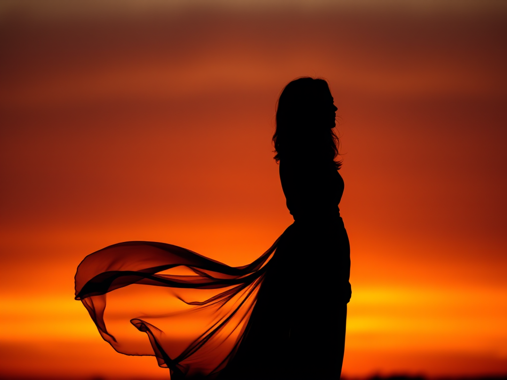 Create a high-contrast silhouette of a woman in a flowing dress standing in profile, sunset background with warm hues, shoot with a Canon EOS R5, aperture f/2.8, shutter speed 1/200s, ISO 100, 24mm lens, soft focus with a slight vignette effect.