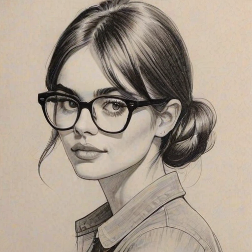 Radiant Charlotte Lawrence, pencil sketch, portrait of Delightful woman 1963s in glasses, hair style beatnik, outline, clear lines, fine lines, 8k