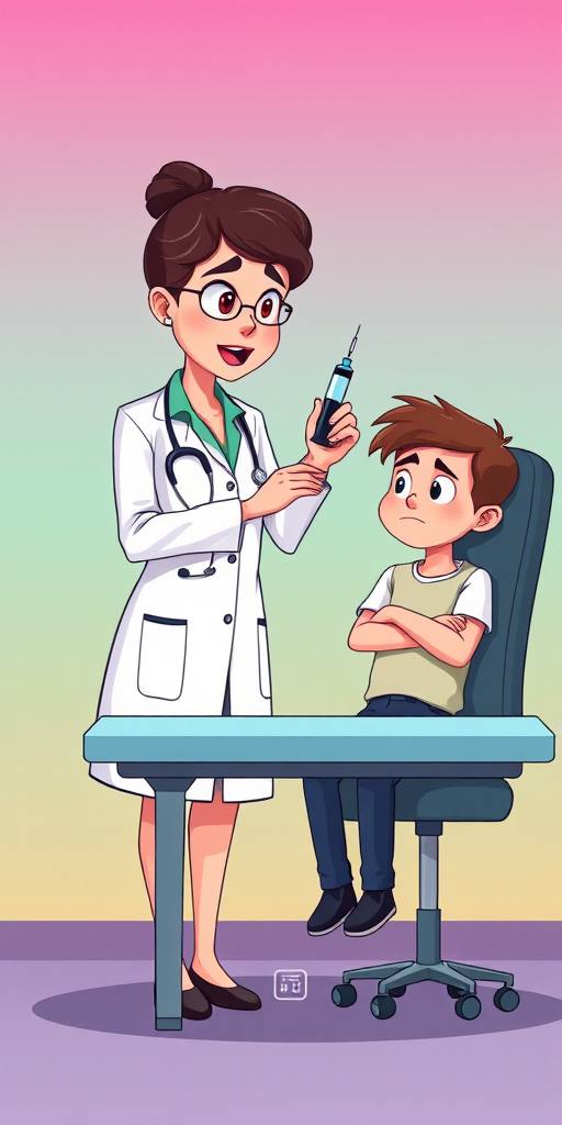 Create a cartoon illustration of a female doctor showing a syringe to a nervous male patient sitting on an exam table, use bright colors with a gradient background, camera settings: f/5.6, 1/60s, ISO 100, camera view: frontal, camera style: vibrant and clean, camera type: digital illustration.