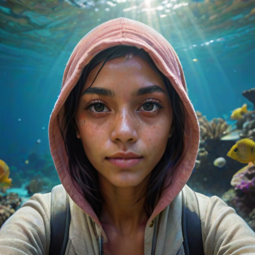 Realistic selfie image of a Burmese, wearing a vintage outfit, detailed dreamy eyes, droopy hooded eyes, staring at the camera, taken underwater at coral reef with a sunbeam filtering through the water, vibrant, summer vacation, natural lighting, turtle and school of tropical fish with vibrant colors, rendered in the style of CryEngine, Pegi Nicol MacLeod, with realistic genre scenes, hauntingly beautiful narratives, ultra-realism, and Thomas Saliot's close-up technique, 8K resolution, crystal clear and sparkling water.