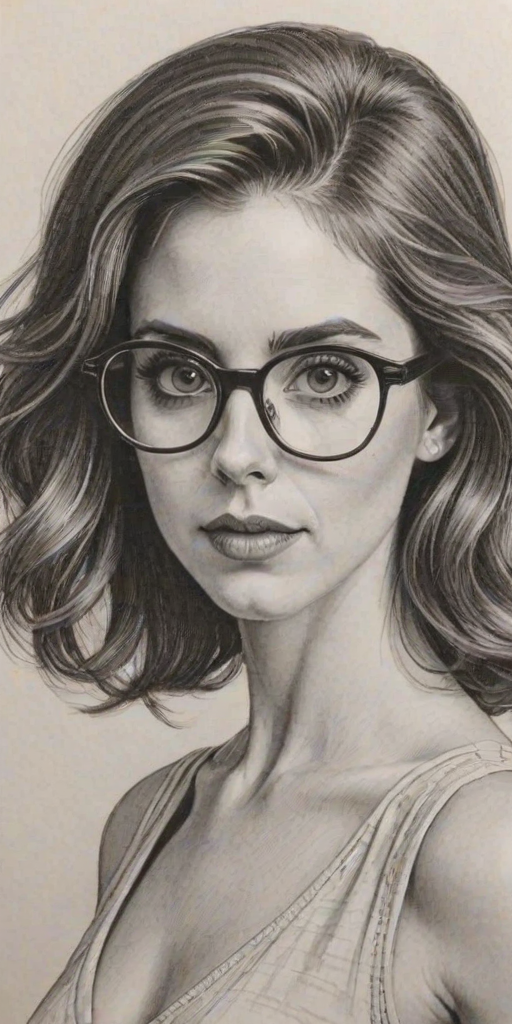 Alluring Alison Brie, pencil sketch, portrait of Bewitching woman 1980s in glasses, hair style beatnik, outline, clear lines, fine lines, 8k