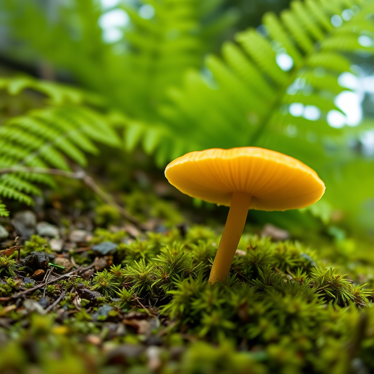 A low angle shot of a yellow mushroom growing on mossy ground with a green fern in the background, captured in natural light using a DSLR camera with a 50mm lens, ISO 100, f/2.8 aperture, and a shutter speed of 1/200 sec to enhance image quality.