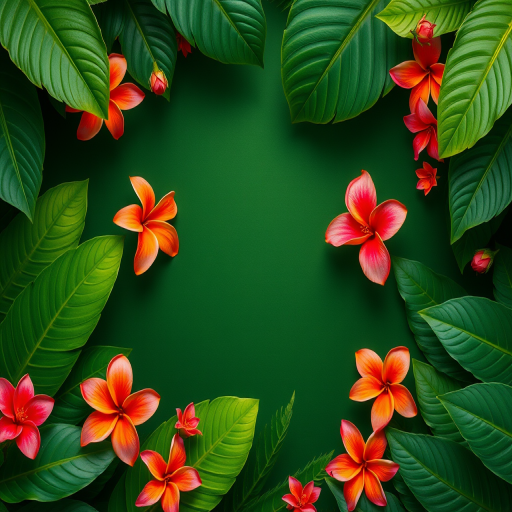 tropical foliage frame with vibrant flowers, deep green background, high-resolution, f/2.8 aperture, ISO 100, 35mm lens, top-down view, natural light, digital photography