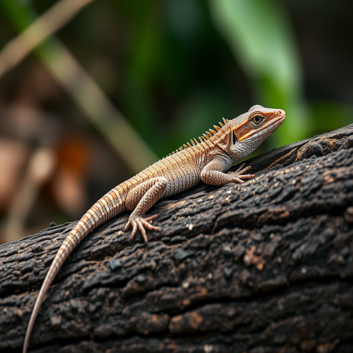 Shot of a detailed lizard resting on a textured log in a naturalistic setting, using a Canon EOS 5D Mark IV, 50mm lens, f/2.8 aperture, ISO 200, shutter speed 1/125s, soft natural lighting for enhanced texture and color.