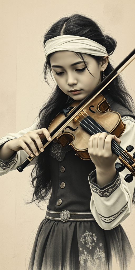 a young Kyrgyz woman with a white headband playing a violin, in the style of a charcoal drawing, sepia grunge background