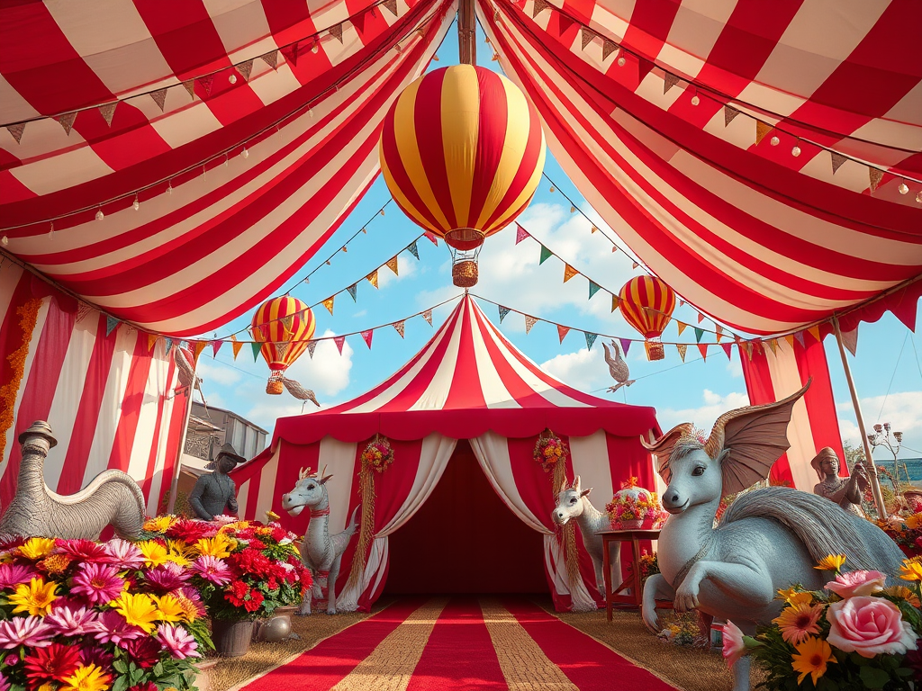 Create a vibrant circus scene with a striped tent, hot air balloon, mythical creatures, and floral elements, using a Canon EOS R5, 50mm lens, f/1.8, ISO 100, with soft natural lighting for enhanced clarity and color depth.