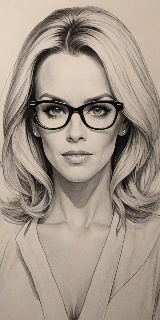 Graceful Jenny McCarthy, pencil sketch, portrait of Enchanting woman 1968s in glasses, hair style beatnik, outline, clear lines, fine lines, 8k