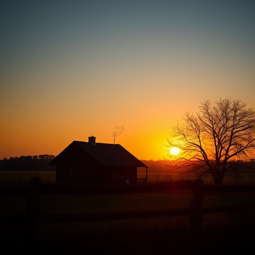 Create a high-resolution silhouette image of a rural landscape at sunset featuring a small cabin with smoke rising from the chimney, a bare tree, and a wooden fence in the foreground, using a DSLR camera with a 50mm lens, f/8 aperture, ISO 100, 1/200 sec shutter speed, shot from a low angle for depth.