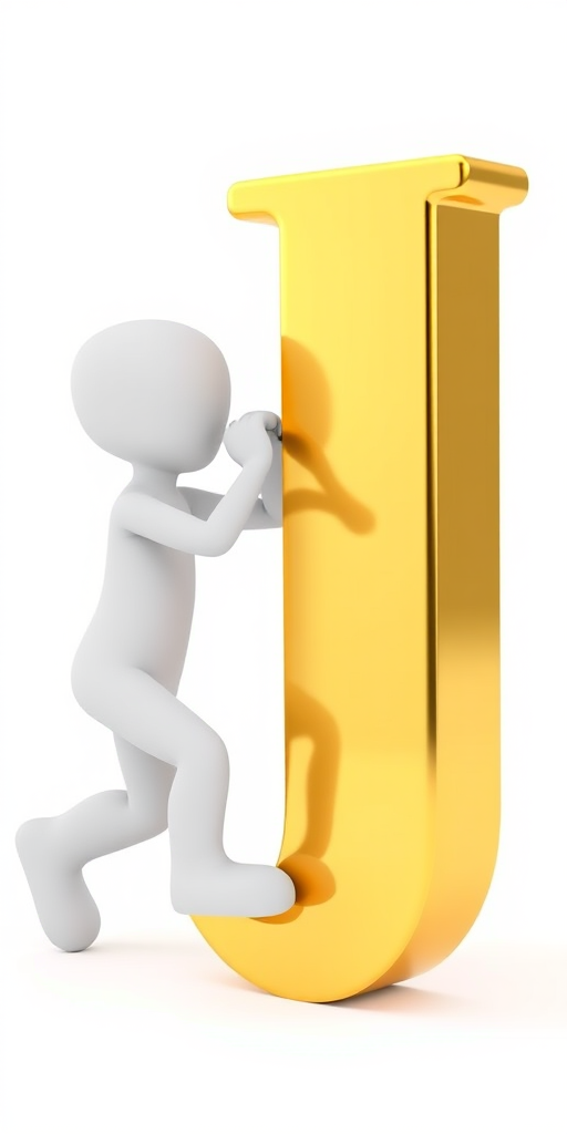 Create a 3D rendering of a white figurine pushing a large, shiny gold letter "J" on a plain white background, using a Canon EOS 5D Mark IV camera, with a focal length of 50mm, aperture set to f/2.8, and ISO 100 for enhanced clarity and detail.