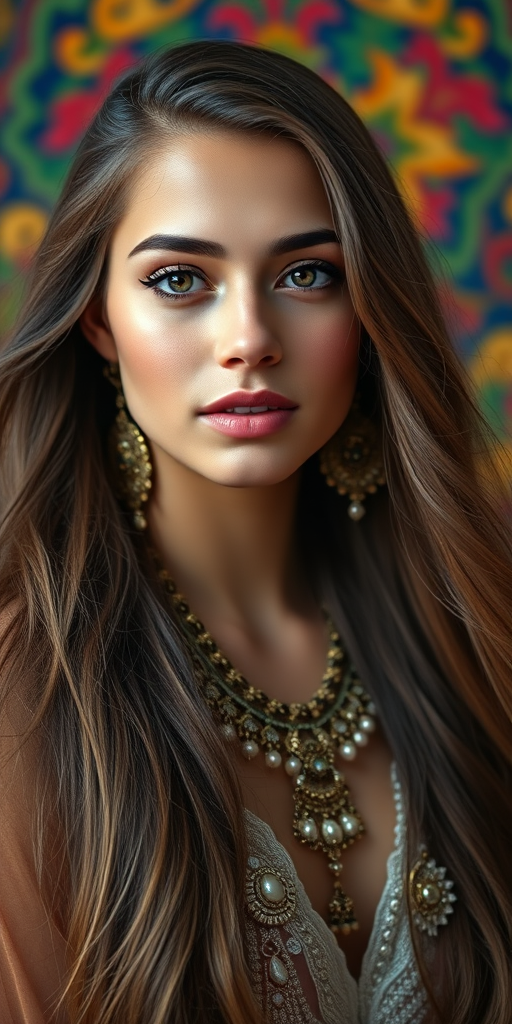 portrait of a young woman with long flowing hair, intricate jewelry, and a colorful ornate background, Canon EOS R5, 85mm f/1.2 lens, aperture f/1.2, ISO 100, soft natural lighting, shallow depth of field, high detail and vibrant colors