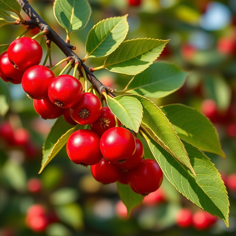 Generate a hyper-realistic image of a cherry branch with vibrant red cherries and green leaves, captured with a Canon EOS R5, using a 100mm macro lens, aperture set to f/2.8, ISO 100, in natural daylight to enhance detail and colors.