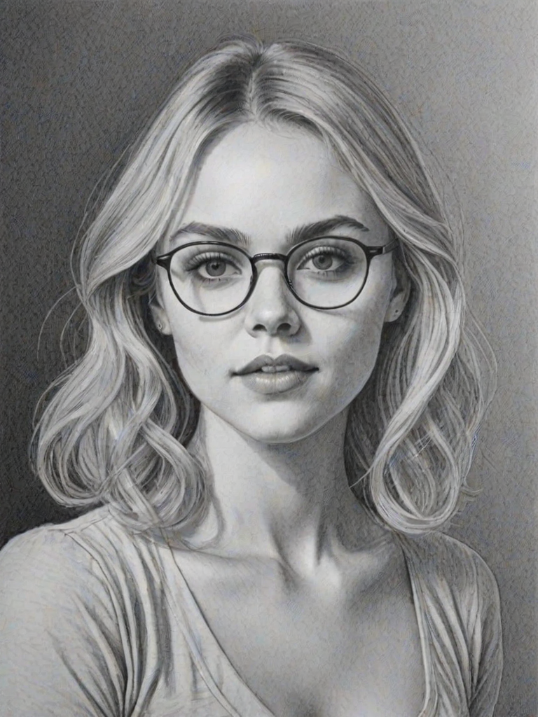 Captivating AnnaSophia Robb, pencil sketch, portrait of Pleasing woman 1978s in glasses, hair style beatnik, outline, clear lines, fine lines, 8k