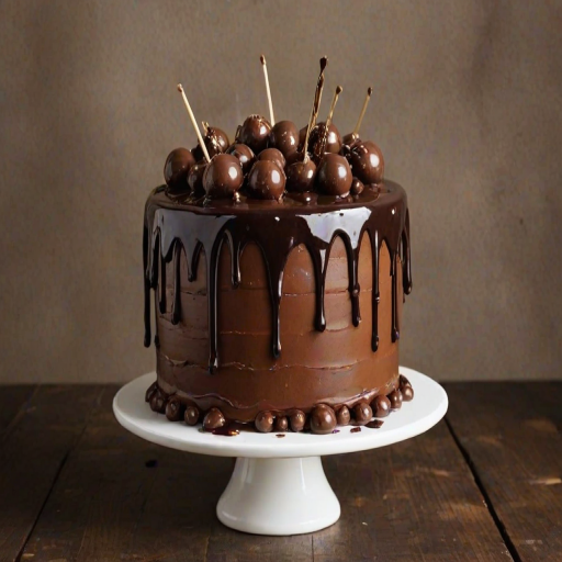 Create an image of a three-layered chocolate cake with a glossy chocolate ganache dripping from the top. The cake should be decorated with chocolate shards, round chocolate balls, and white chocolate truffles. Place the cake on a rustic wooden cake stand, and ensure the background is a soft, neutral color to highlight the cake's rich textures and colors.