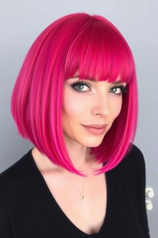 Vibrant magenta bob with "Berry Blaze" flair boasts blunt bangs and sleek, straight lines, creating a bold and edgy aesthetic