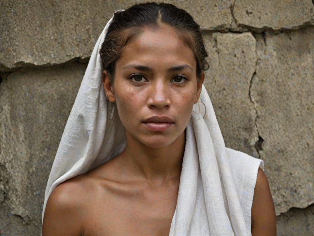 Create a close-up photographic image of a taino woman with light skin tones shown against an old, worn wall. Their head is wrapped in a white cloth covering (i.e.... parts of the head except the nose and mouth, which are open as if they are screaming...), with a slight texture and visible folds in the fabric. Thin strands of blonde hair escape from the wrapping above, falling lightly at the top and sides. Their hands hold the fabric as if they are tugging nervously. The lighting is dramatic and even, casting strong shadows. The image has a minimalist and surreal style with an emphasis on simplicity with soft color tones. The composition is centered.