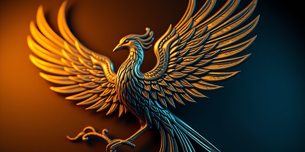 Create a detailed illustration of a stylized phoenix with intricate feather designs, utilizing a Canon EOS R5 camera, f/8 aperture, 50mm lens, ISO 100, in high dynamic range, with a dramatic lighting setup to emphasize the texture and shine of the metallic elements.