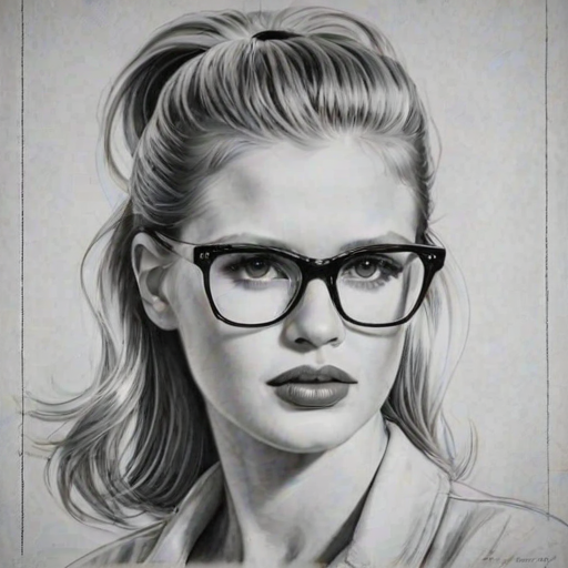 Ravishing Lara Stone, pencil sketch, portrait of Dazzling woman 1946s in glasses, hair style beatnik, outline, clear lines, fine lines, 8k