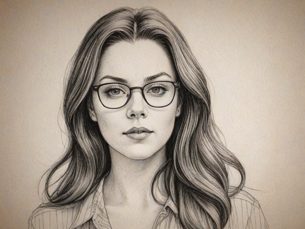 Attractive Amy Lee, pencil sketch, portrait of Gorgeous woman 1978s in glasses, hair style beatnik, outline, clear lines, fine lines, 8k